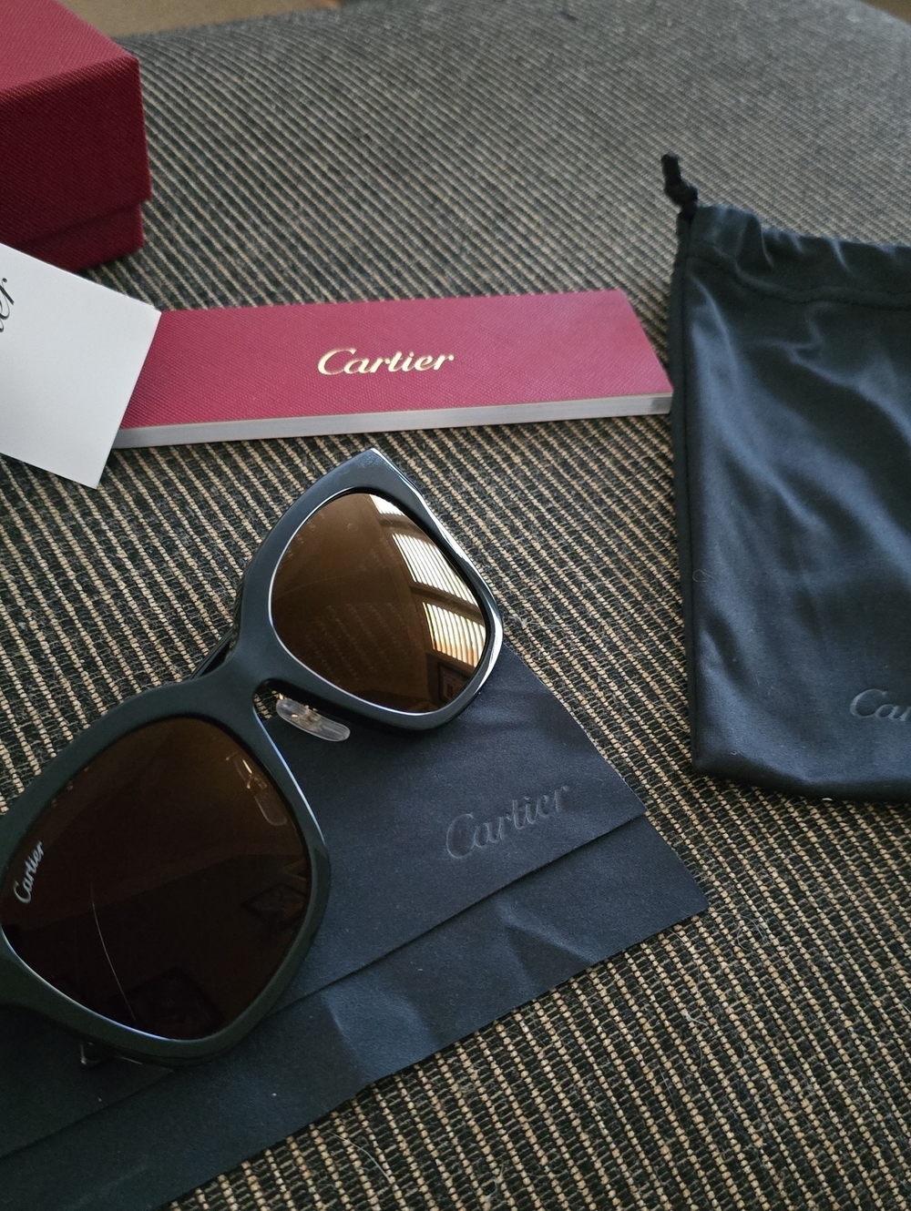 Cartier Black Frame Brown Lens Sunglasses with Red Box